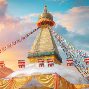 Swayambhunath - the Buddhist temple and the village center on the outskirts of Kathmandu in Nepal. Monkey Temple.